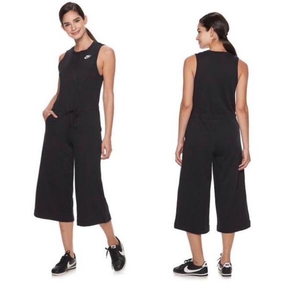 NIKE Sportswear Club French Terry Romper Jumpsuit Crop Gaucho Wide Leg Black S - Picture 1 of 6